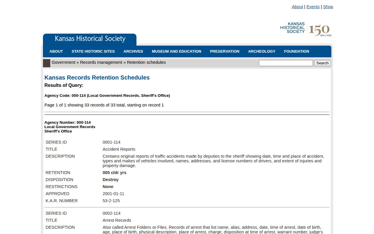 Kansas retention schedule for Scott County arrest records