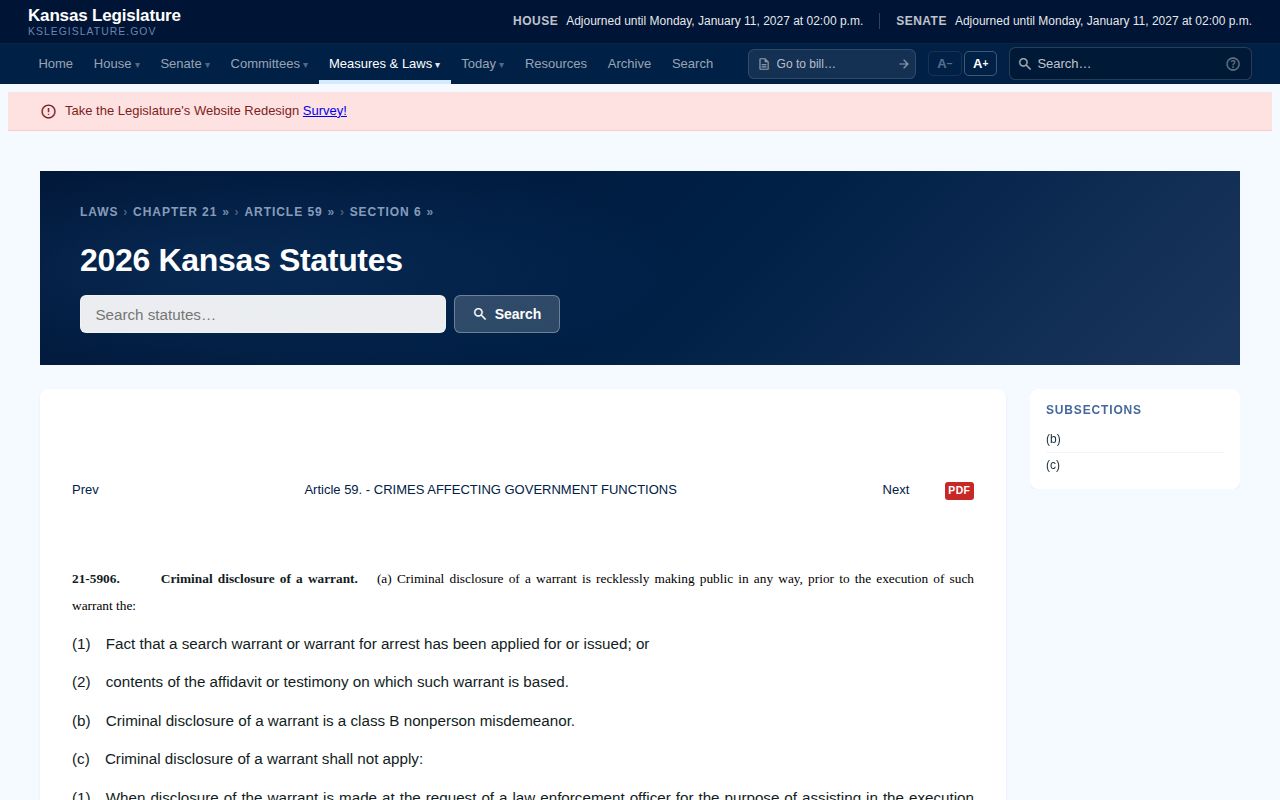 Kansas Legislature page for K.S.A. 21-5906 on warrant publication